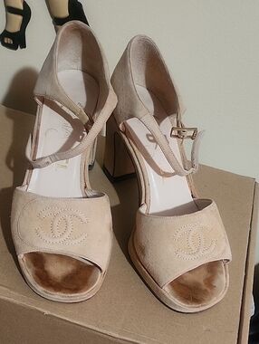 CHANEL Beige Suede Mary Jane Block Heels with CC Logo
